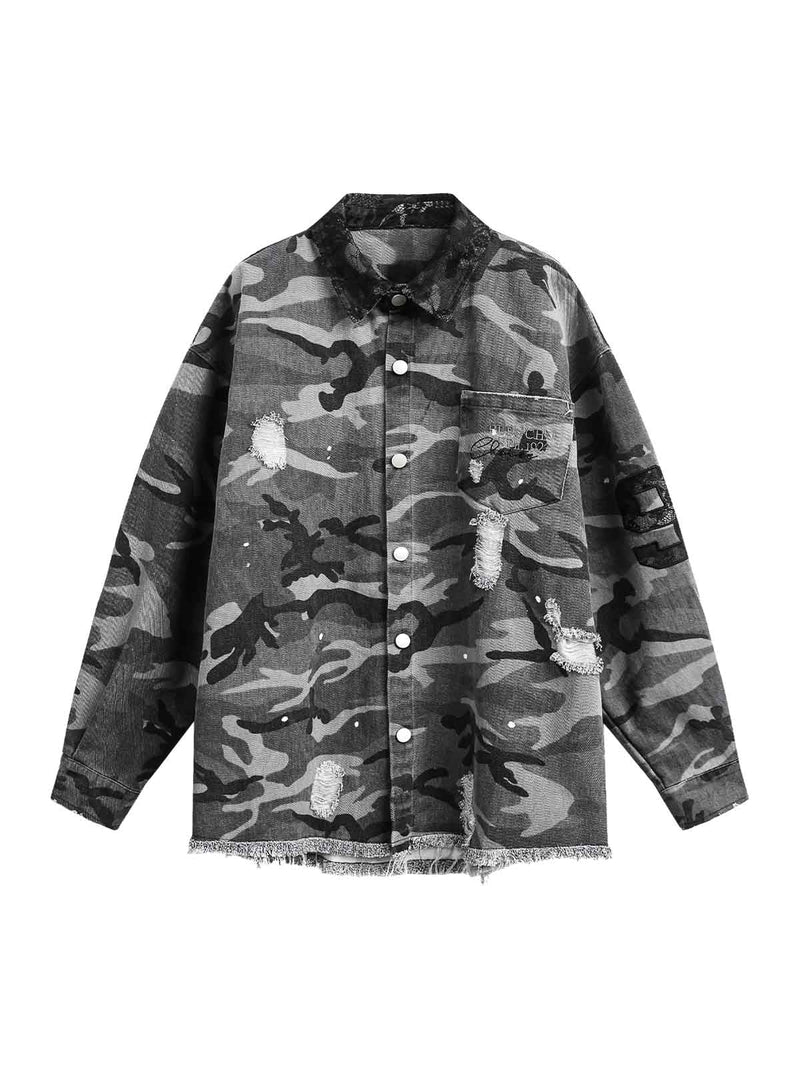 Camouflage Ripped Lace Denim Shirt