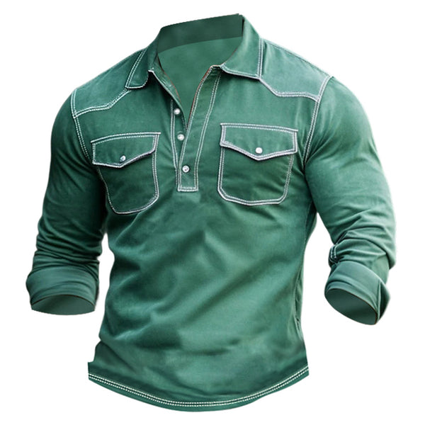 Men's Vintage Outdoor Pocket Polo Long Sleeve T-shirt