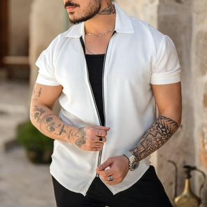 Men's Solid Lapel Zipper Platet Short Sleeve Shirt