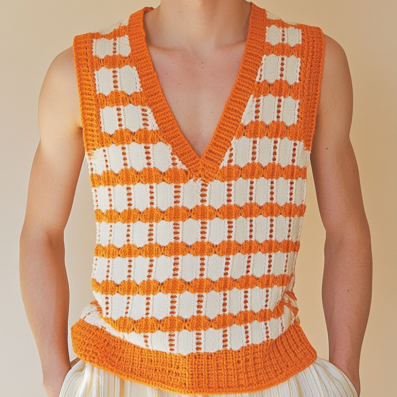 Men's Casual V-Neck Plaid Jacquard Knitted Tank Top