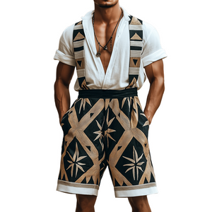 Men's Retro Geometric Print Linen Overalls
