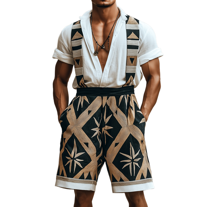 Men's Retro Geometric Print Linen Overalls