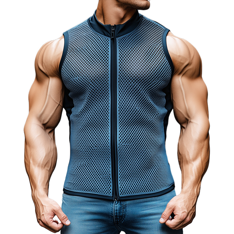 Camiseta deportiva sin mangas con cuello alto, cremallera y tejido de malla elástico informal retro para hombre