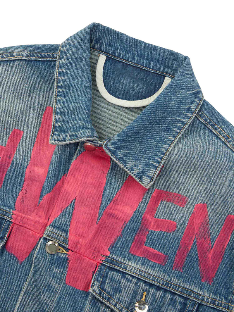 High Street Graffiti Lettered Distressed Washed Denim Jacket