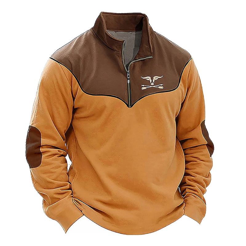 Men's Vintage Western Bullhead Color Block Quarter Zip Sweatshirt