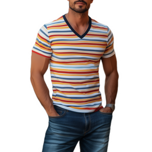 Camiseta clásica informal de algodón con rayas contrastantes y patchwork para hombre, corte entallado