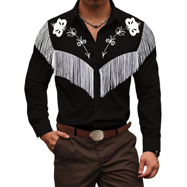 Camisa de algodón de manga larga con borlas bordadas vintage para hombre