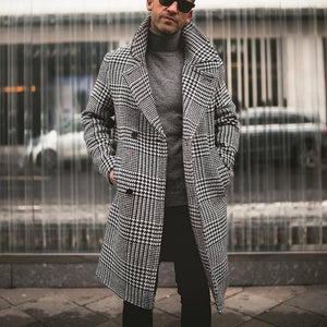 Men's Retro Classic Casual Double Breasted Knee-Length Houndstooth Coat