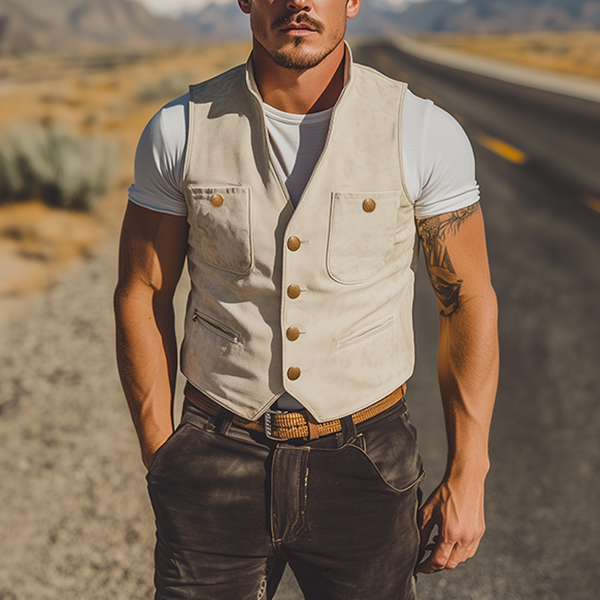 Herren-Weste aus Wildleder im Retro-Western-Stil mit mehreren Taschen, Frühlingsmode