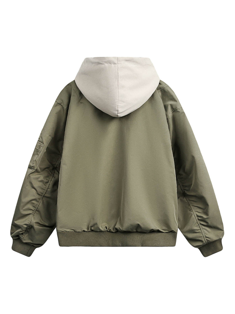 Faux Two-Piece Pleated Spliced Hooded Bomber Jacket