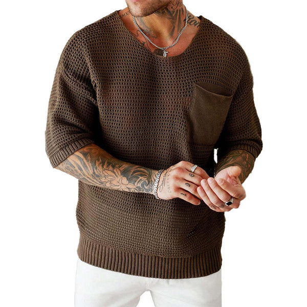 Men's Knitted Loose Pocket Short Sleeve Sweater