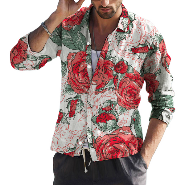 Men's Floral Print Lapel Long Sleeve Shirt