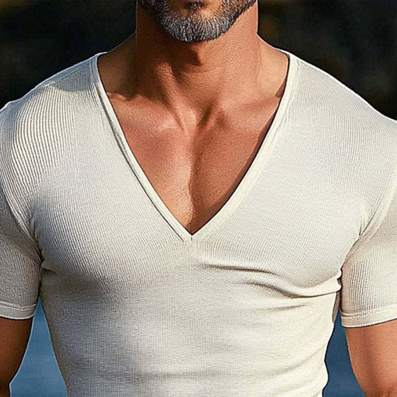 Men's Solid Color Knitted V-Neck Casual Short Sleeve T-Shirt
