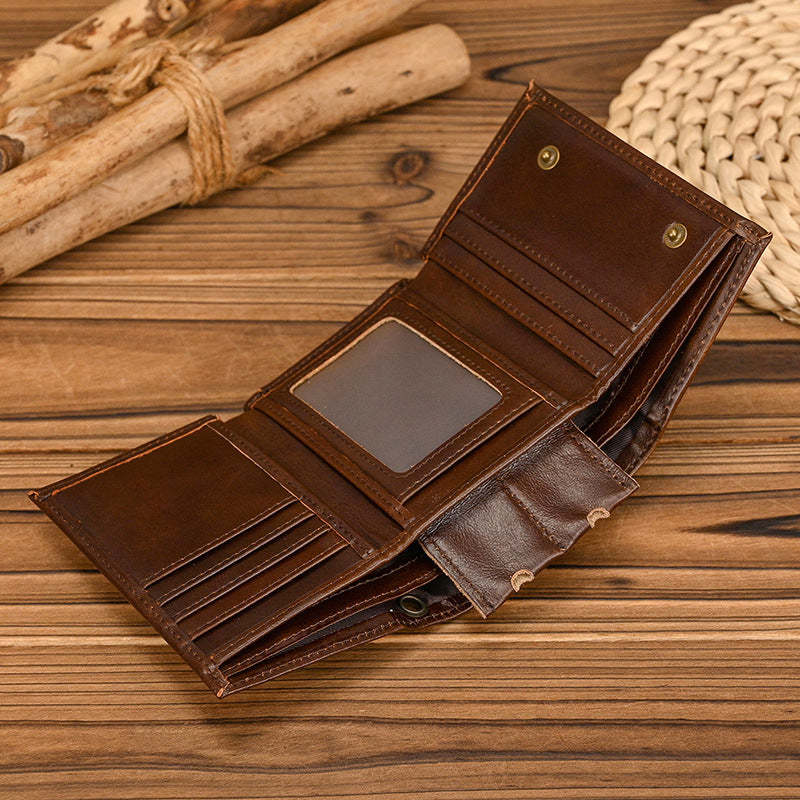 Cartera vintage de tres pliegues de cuero genuino para hombre 