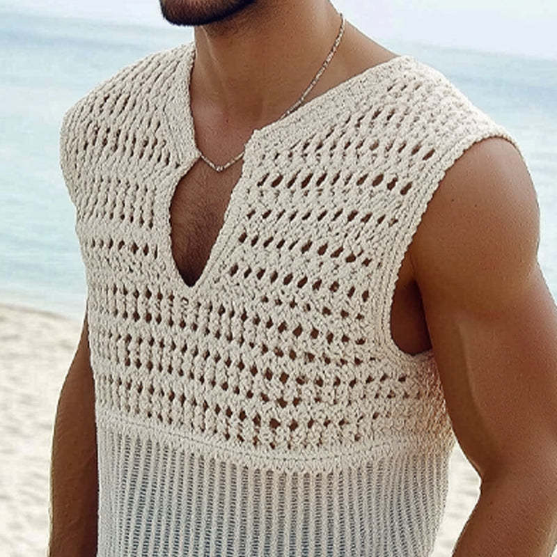 Camiseta sin mangas de punto calado de moda de verano para hombre