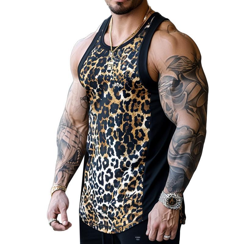 Lässiges Patchwork-Tanktop mit Rundhalsausschnitt und Leopardenmuster für Herren