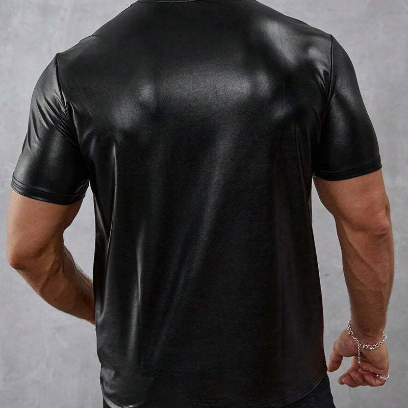 Camiseta de manga corta con cuello redondo y cremallera de patchwork de color liso para hombre