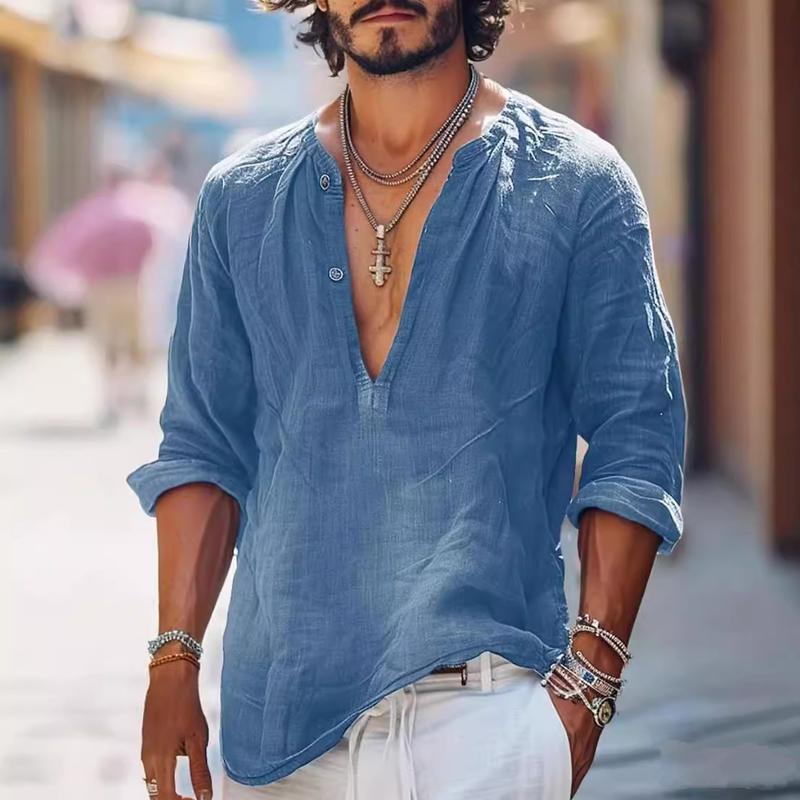 Camisa vintage de manga larga con cuello en V y botones para hombre