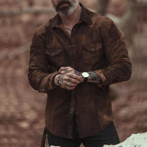 Herren Vintage Casual Wildleder Revers Langarmhemd