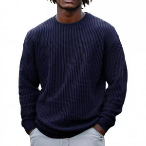 Men's Solid Color Waffle Round Neck Long Sleeve Sweatshirt