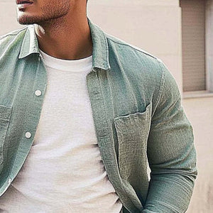 Camisa informal de manga larga con solapa de color liso para hombre