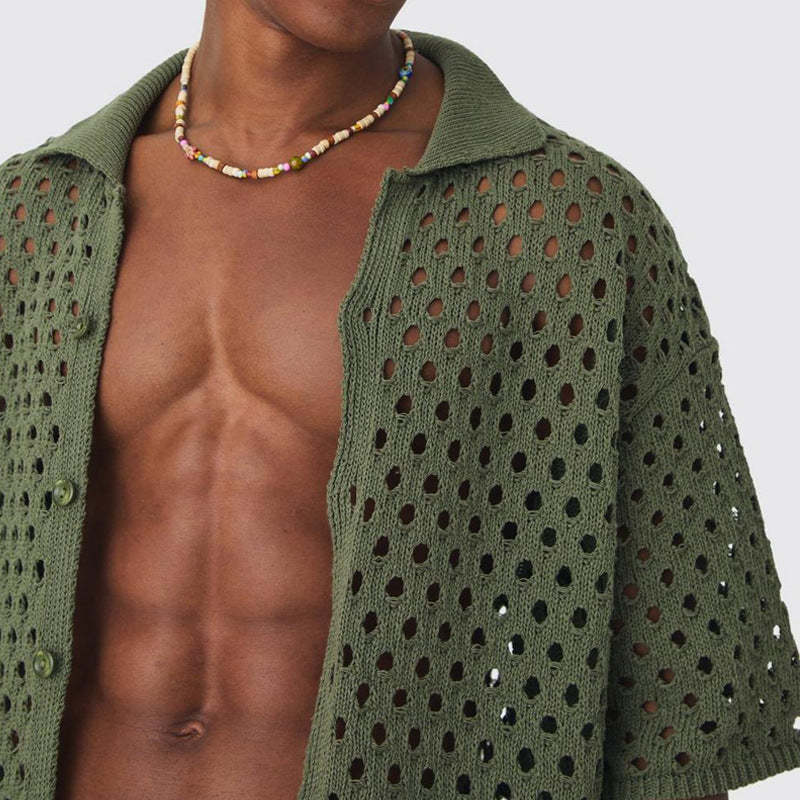 Zweiteiliges Set aus einfarbigen, gestrickten Kurzarmshorts für Herren