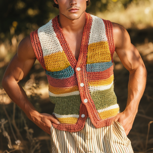 Chaleco informal de punto con cuello en V y rayas de colores para hombre