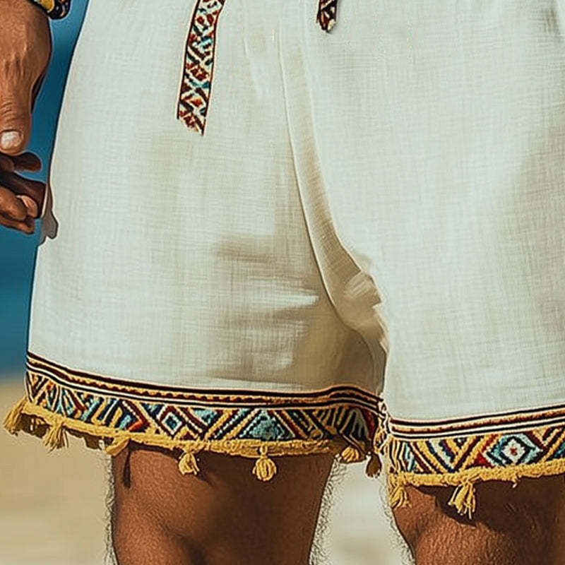 Pantalones cortos de algodón y lino con bordado retro de verano para hombre
