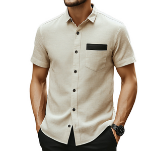 Men's Retro Casual Linen Colorblock Simple Lapel Pocket Short Sleeve Shirt