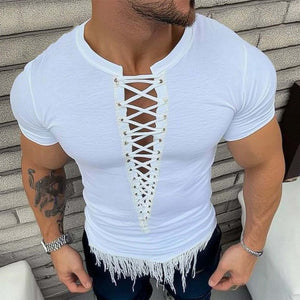 Camiseta de manga corta con borlas y cordones de moda de verano para hombre
