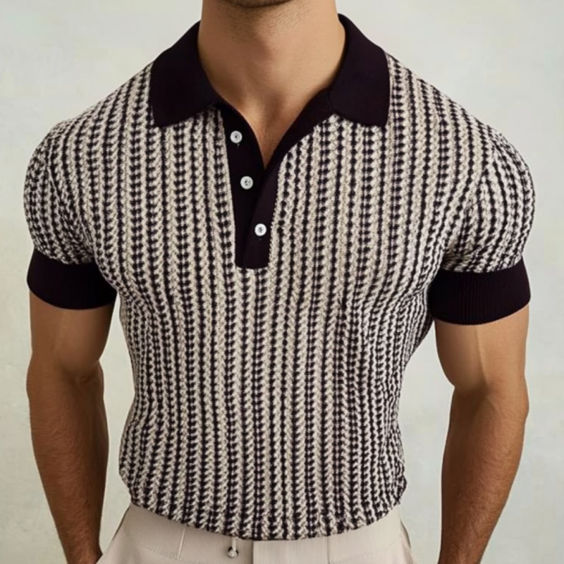 Men's Retro Contrast Print Lapel Slim Short Sleeve Polo Shirt MTA1848C9M
