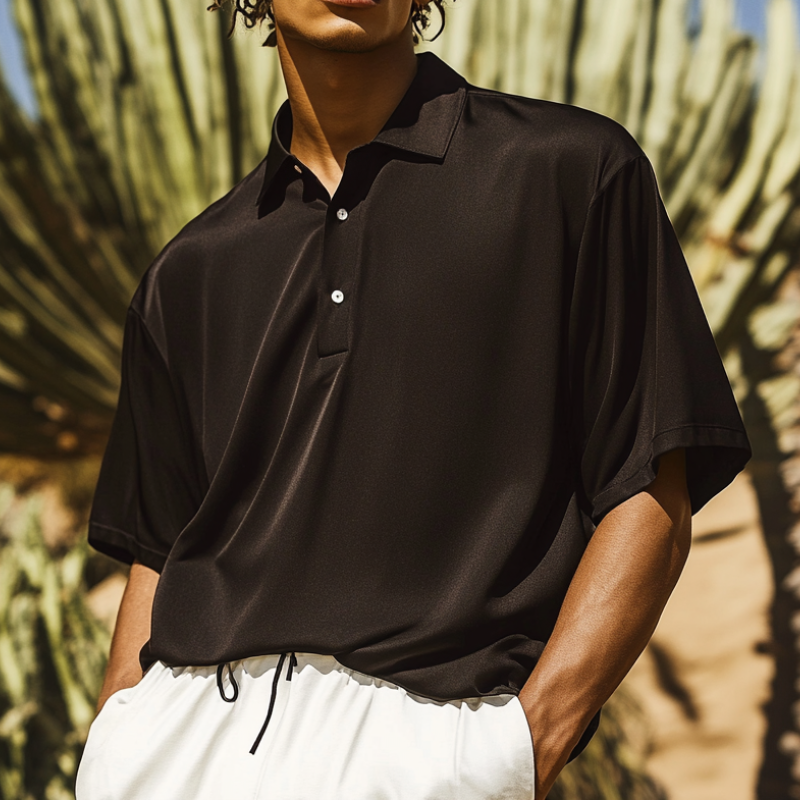 Men's Stylish Satin Lapel Oversized Short Sleeve Polo Shirt MTA0296D3M