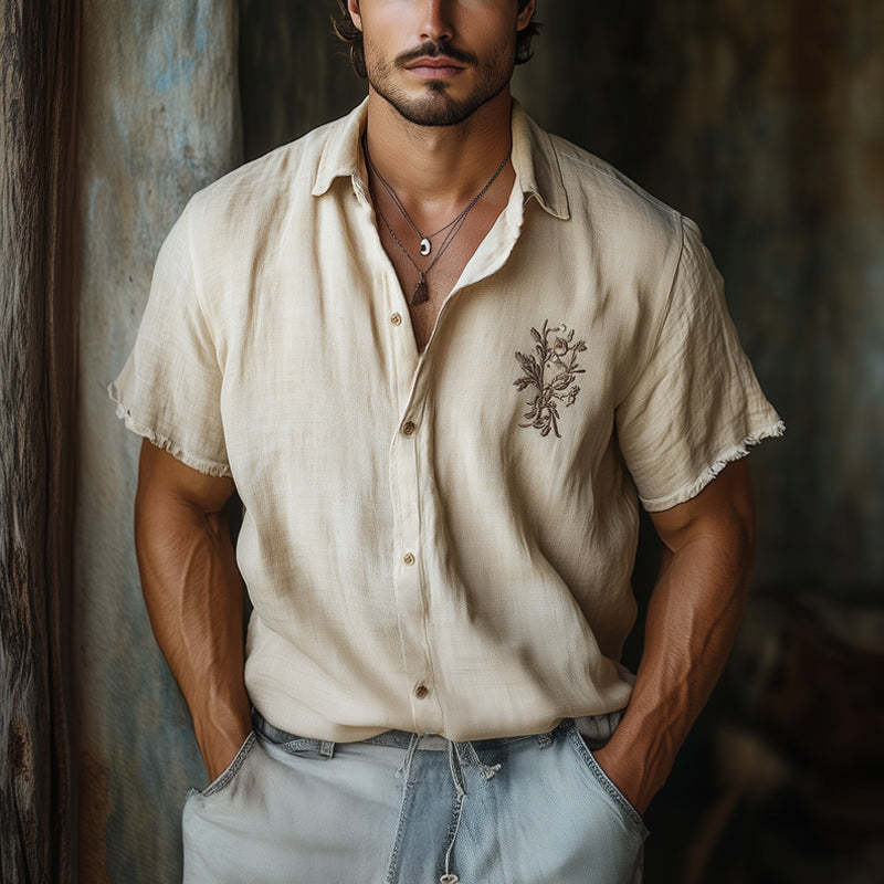 Men's Casual Skin-friendly Khaki Tencel Embroidered Short-sleeved Shirt