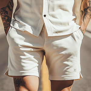 Men's Spring Fashion Casual Suede Short Sleeve Shirt Length To Knee Shorts Set