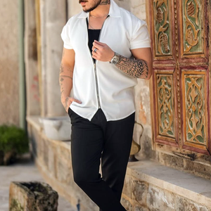Men's Solid Lapel Zipper Platet Short Sleeve Shirt