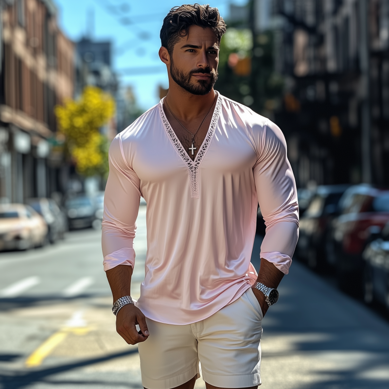 Herrenmode Lässiges, sexy T-Shirt mit tiefem V-Ausschnitt und langen Ärmeln aus Spitze und Satin
