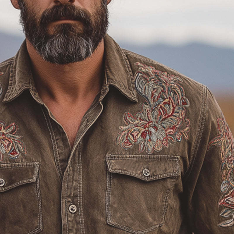 Camisa vaquera de manga larga bordada vintage para hombre