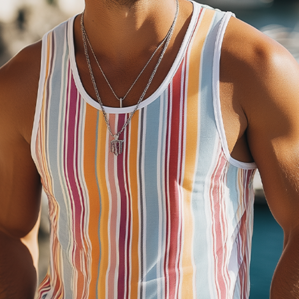 Camiseta sin mangas con estampado de rayas verticales en contraste informal de moda de verano para hombre