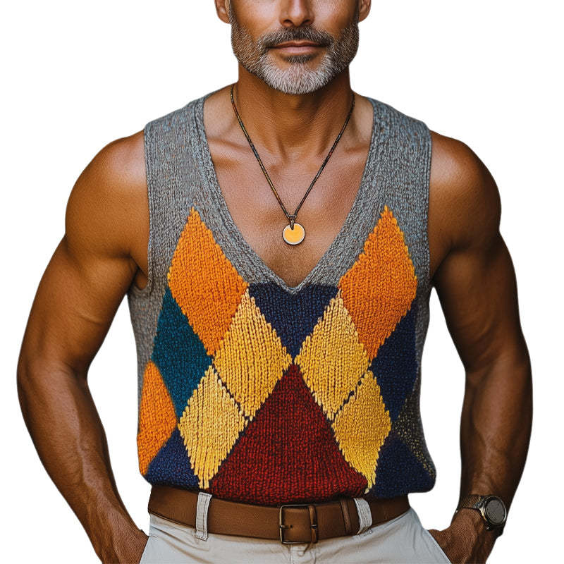 Camiseta de tirantes de punto con bloques de color y diamantes de moda de verano para hombre