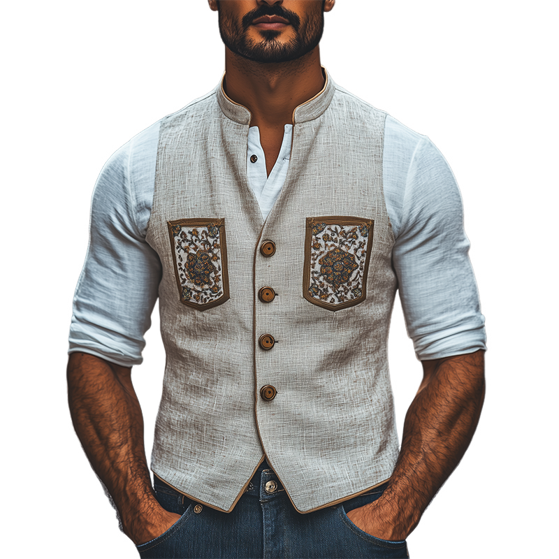 Chaleco ajustado de ramio bordado con cuello alto retro de moda de primavera para hombre