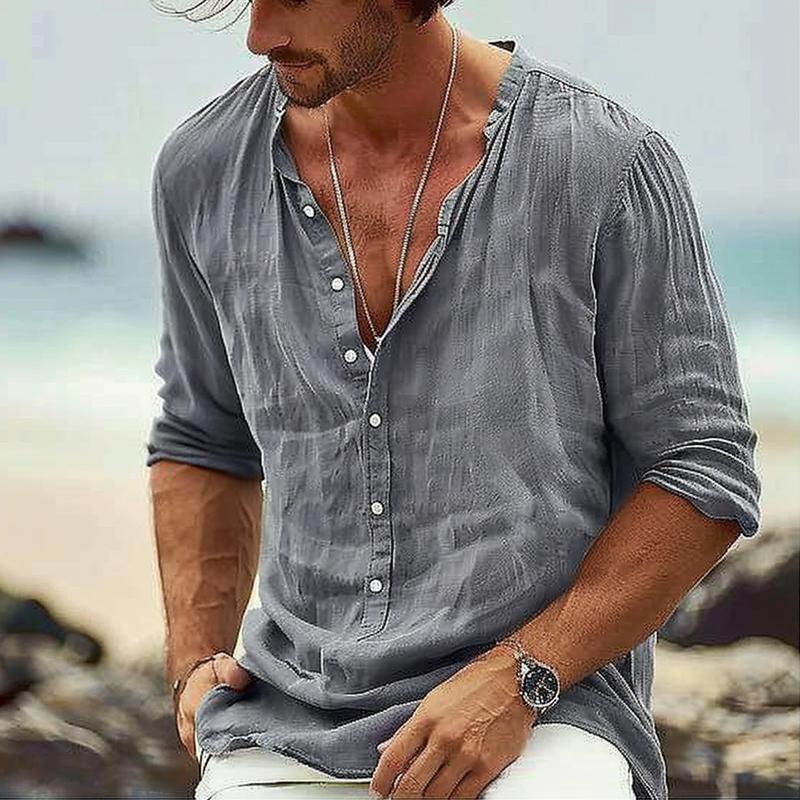 Camisa informal de algodón y lino con cuello alto y manga larga para hombre