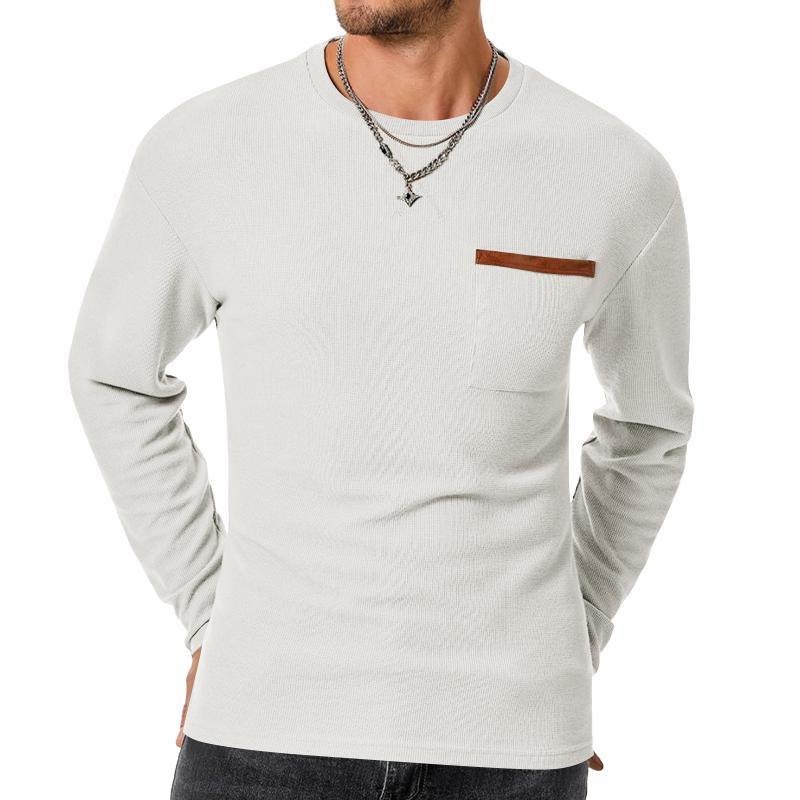 Men's Casual Waffle Round Neck Patch Pocket Slim Fit Long Sleeve T-Shirt