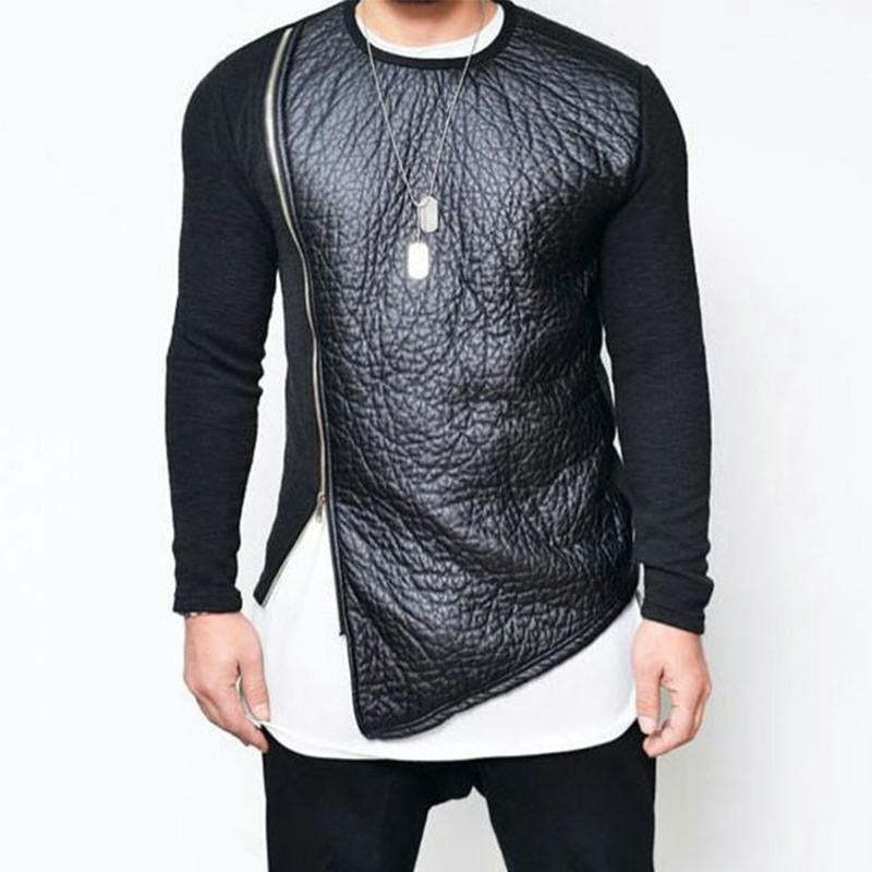 Camiseta de manga larga con cuello redondo y cremallera con costuras de cuero para hombre (camiseta interior no incluida)