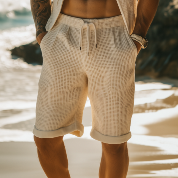 Men's Classic Casual Elastic Waist Knee Length Waffle Shorts