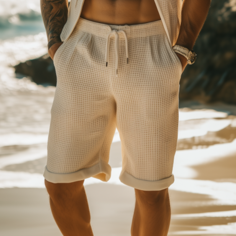 Klassische, lässige Herren-Shorts mit elastischer Taille und knielanger Waffelstruktur