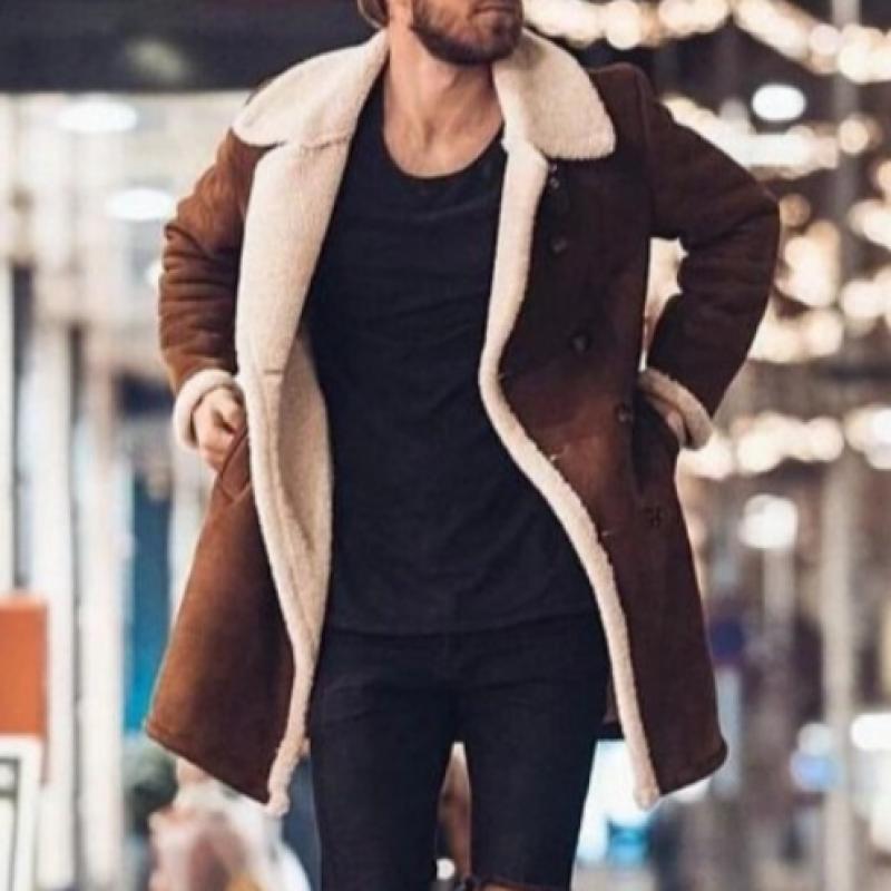 Herren Vintage Wildleder Polar Fleece Warmer Zweireiher Mantel mit Revers