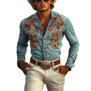 Men's Classic American Retro Western Suede Embroidered Long Sleeve Shirt