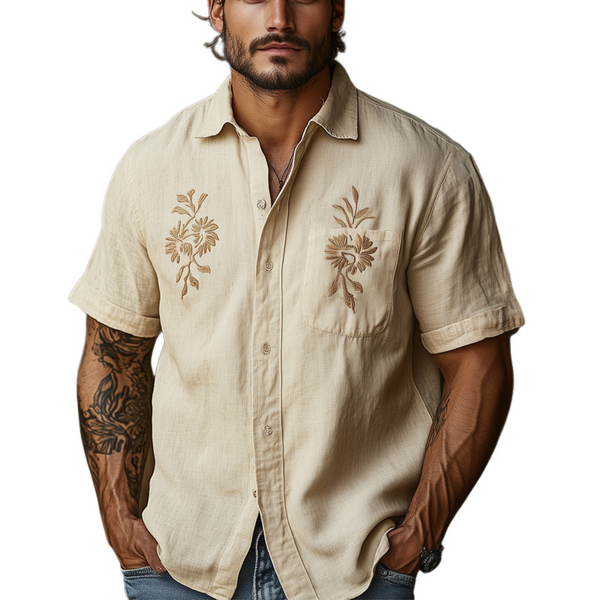 Camisa informal de manga corta con bordado vintage de tencel caqui para hombre