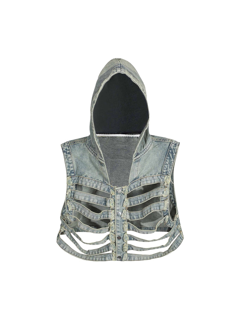 Dark Skeleton Hooded Denim Vest