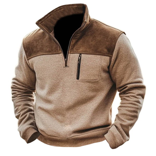 Men's Vintage Paneled Suede Pocket Zipper Stand Collar Sweatshirt